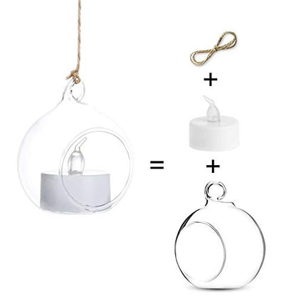 Sziqiqi Hanging Glass Globes Orbs Tea Light Candle Holders with Flameless LED Tealight for Wedding Ornaments, Wedding Birthday Christmas Party Centerpiece Accessory 2.36inch 20pcs +4 Extra | Glass Ball Fillable with Trinkets, for Wedding Ornament, Christm