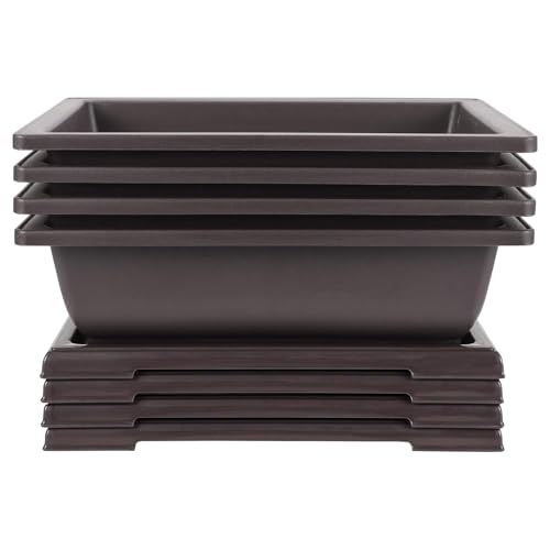 JEUIHAU 4 Pack 14 Inch Bonsai Training Pots with Tray, Rectangular Plant Pot with Drainage Hole, Brown Bonsai Tree Pot, Plastic Bonsai Planter Pots for Succulent, Herb, Flower, Potted Plant