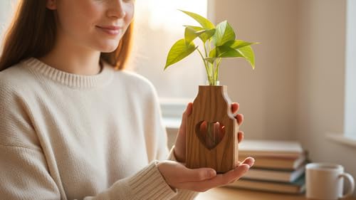 Wooden Plant Propagation Station Stand with Single Glass Test Tube Indoor Desktop Terrarium for Hydroponics Water Plant Cutting Flower Vase Planter Home Office Garden Decor Plant Lover Gifts (Brown)