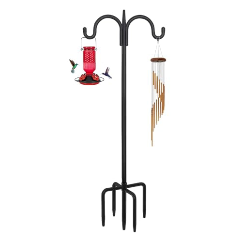 Heavy Duty Shepherds Hook 76" Double Hooks Adjustable (44/60/76") - Alloy Steel 5-Prong Base, 17lb Capacity - Easy Assembly Bird Feeder Pole for Hanging Planters, Lanterns, Wind Chimes - size: 76 Inch