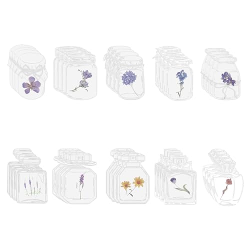40Pcs Clear Pressed Flower Bookmarks, Transparent Dried Floral Bookmark Stickers with Glass Bottle Design, DIY Craft Supplies for Scrapbooking, Journaling, Botanical Plant Specimen Art