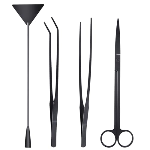 Aquarium Kit 4 Pcs Anti-Rust Aquatic Plant Aquascaping Tools Stainless Steel Black Long Tweezers Scissors Algae Scraper for Terrarium Feeding Fishes Trimming Water Plants