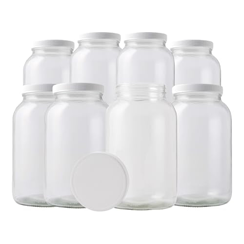 Glass Jar with Lid | 1 Gallon Wide Mouth 8-Pack with White Plastic Caps | Reusable Glass Jars with Lids for kombucha, pickling and bulk storage | 1 Gallon Jars with Lids Wide Mouth design - size: 8 Pack