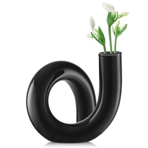 Joeyan Handmade Small Black Glass Flower Vase,Decorative Geometric Glass Bud Vase for Modern Home Centerpieces Living Room Office,4.72" Abstract Vase for Single Flower and Dry Flowers - color: Black