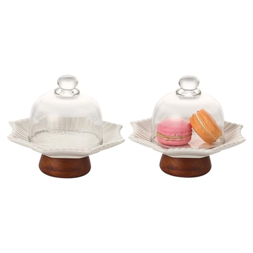 2 Pack Mini Cake Stands with Glass Domes, 5.2 Inch White Ceramic Dessert Display Plates on Acacia Wood Pedestal Bases for Cupcakes, Cheese, Candy, Fruit and Parties - color: 2 Sets 5.2 Inch of Mini Ceramicglass Dessert Cups,