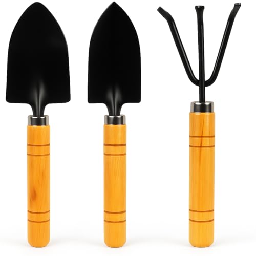 3 Piece Mini 7" Garden Tool Set | Ideal for Bonsai Gardening | Rake, Shovel, Spade with Wooden Handles - GT1100