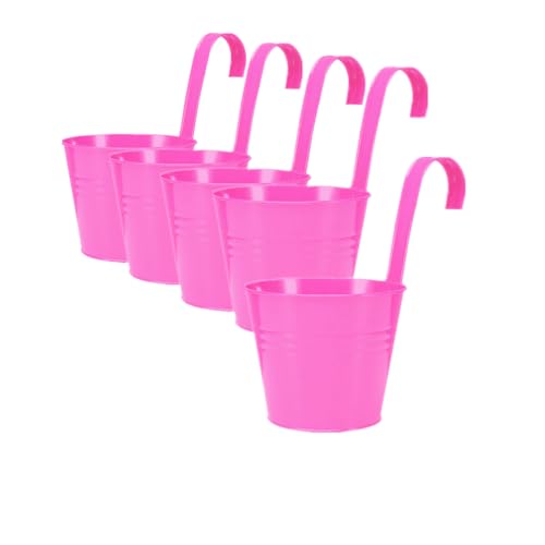Vintage Hanging Cup Holders with Removable Hooks -5 Pack Metal Iron Buckets Hanging Flower Pots Wall Fence Hanging Planter-Storage Box, Drainage Holes -5''Diameter Vase Decoration (Rose Pink) - color: Rose Pink