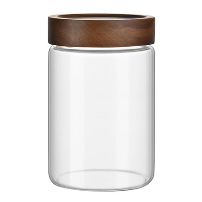 Airtight Glass Jar with Lid Food Storage Container with Screw On Acacia wood top storage Canister for Cookie, Cereal, candy, coffee beans, dry fruits storing Cylindrical Glass body 1000ml 34oz - size: 1000ml Cylinder