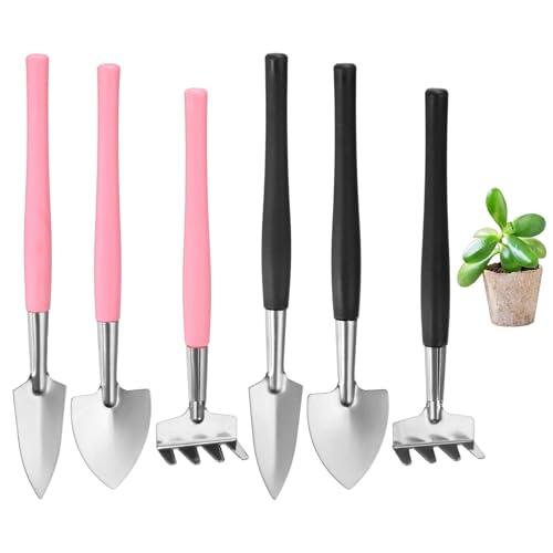 M METERXITY 2-Set Mini Gardening Tools, Stainless Steel Miniature Gardening Rake, Trowel, and Shovel for Seedlings/Bonsai/Succulents/Herbs/Terrariums and Planting [Black/Pink] - color: Black/Pink