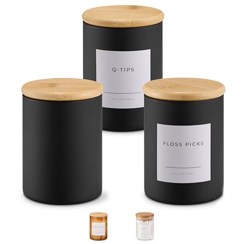 Vase and Vessel Mini Glass Apothecary Jars with Bamboo Lids, Small Bathroom and Kitchen Storage Containers, For Cotton Balls, Pads and Swabs, 10 oz, Set of 3 (Matte Black) - color: Matte Black