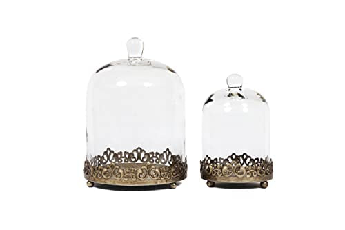 12" Tall Large Sturdy Handmade Glass Cloche Dome with Metal Base 11.4" H x 8" and 8" H x 5.5" in Set of 2 in Gold for Plant, Terrarium, Collectibles, Candle. Cloche Glass Dome, Bell Jar Display Case