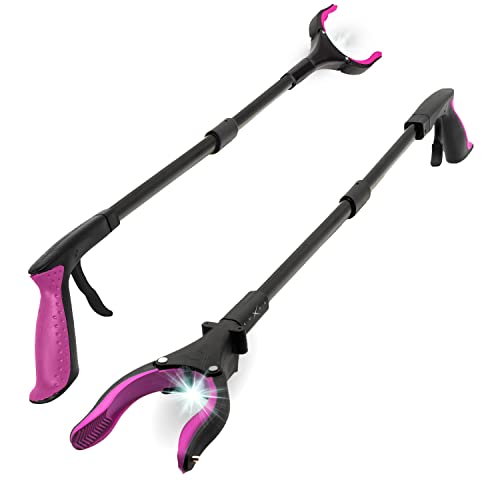 Grabber Reacher Tool-Long 32 Inch Aluminum Foldable Pick Up Stick-Strong Grip Shelves LED Light Magnetic Tip, Lightweight Trash Picker Claw Reacher Grabber Tool for Elderly (32" 2-Pack, Pink) - color: Pink, size: 32" 2-Pack