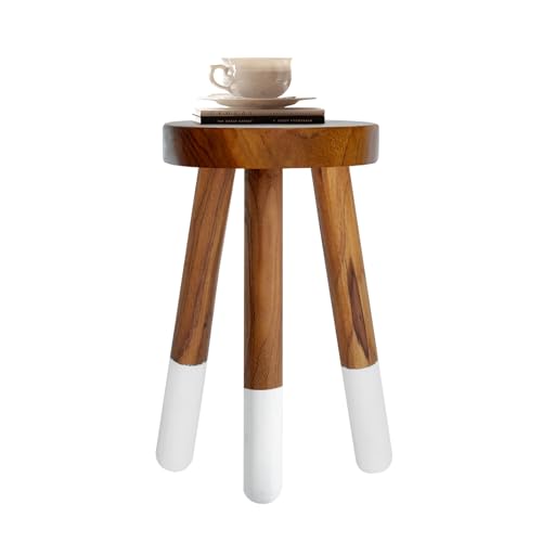 Teak Wood 9" Round Plant Stand |Dip Dyed Plant Stand |Accent Stool |Milking Stool |Bath Stool |Small Side Table (16" Tall White) - color: 16" Tall White