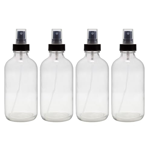 Cornucopia Brands 8-Ounce Clear Glass Fine Mist Spray Bottles (Pack of 4) Boston Round w/Atomizer Spritzers for Aromatherapy Perfume, Cologne, DIY & More - color: Clear