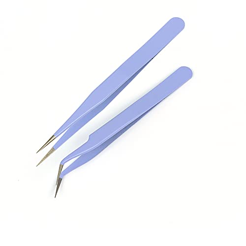 MAXLEAF 2PCS Straight Curved Stainless Tweezers for Stickers | Tweezer for Eyelash Extensions Precision Electronics Nail Rhinestone Jewelry, Scrapbooking Tools (Purple) - color: Purple