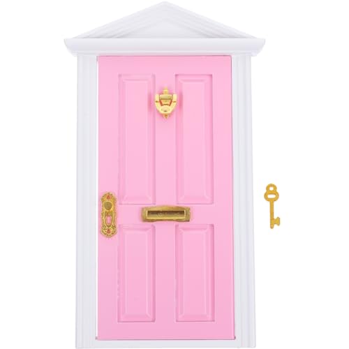 Yardwe Mini Wooden Fairy Door with Spire Design, 1:12 Scale Dollhouse Accessories for Decoration, Pink Door with Key for Christmas, Birthday, Wedding, and Fairy Party - color: Pink