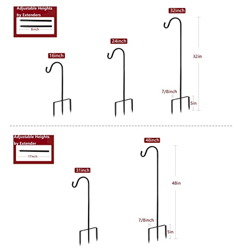EXCMARK Shepherd Hook Adjustable Height 32/24/16’’ 1/2 inch Thick Use at Weddings, Hanging Solar Lights, Lanterns, Bird Feeders, Metal Hanger Hook (Black,32inch). U.S. Patent. (Pack of 2) - color: Black, size: 32 Inch (Pack of 2)