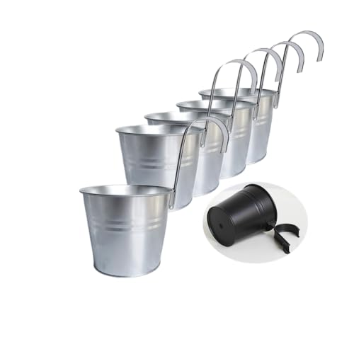 Leoyoubei Hanging Flower Pots for Outdoor Indoor Plants with Removable Hooks -5 Pack Metal Buckets Hanging Plant Pots Wall Fence Home Decor-Storage Box,Drainage Holes -5''Diameter (Silvery) - color: Silvery