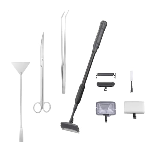 Carefree Fish 7IN1 Aquarium Cleaning Tools Long Handle Algae Scraper | Replaceable Scraper Insert,Telescopic Fiberglass Pole Lightweight & Sturdy,18–24Inch,Plant Scissor Long Tweezer - size: 18~24In