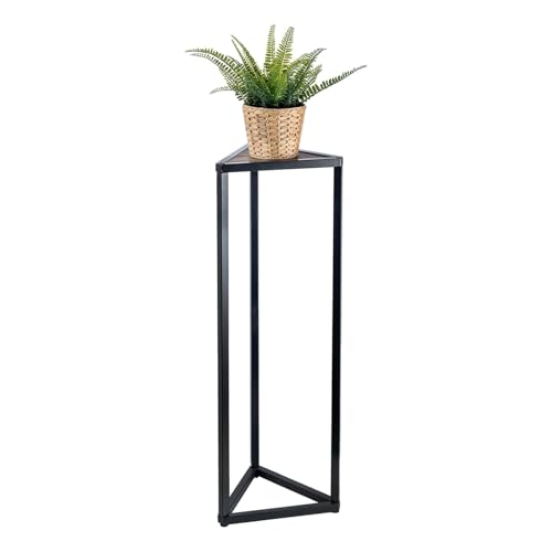 MyGift 36 Inch Corner Plant Stand with Torched Wood and Black Metal Frame