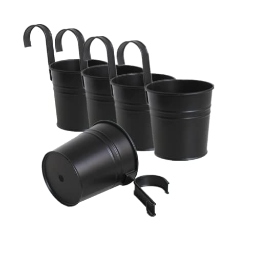 Leoyoubei Hanging Flower Pots for Outdoor Indoor Plants with Removable Hooks -5 Pack Metal Buckets Hanging Plant Pots Wall Fence Home Decor-Storage Box,Drainage Holes -5''Diameter (Black) - color: Black