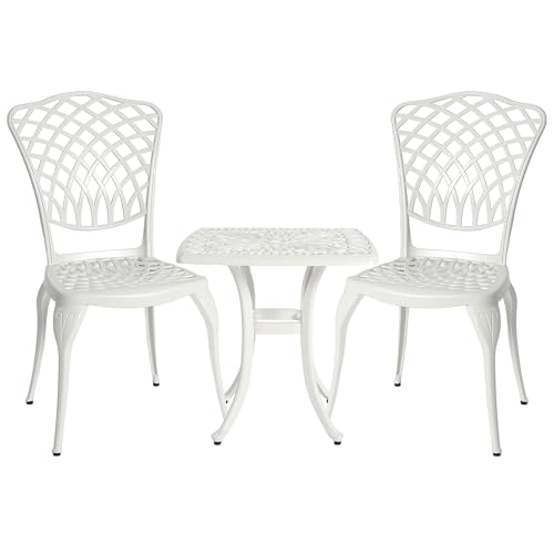 HOMEFUN Aluminum Bistro Set of 2 Outdoor 3 Piece Patio Furniture, White | Thickened Heavy-Duty Cast Ultra Sturdy Rustproof All-Weather for Garden Balcony - color: White Back