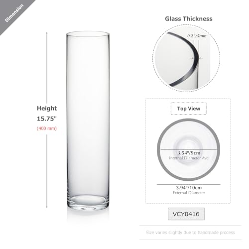 WGVI Quality Thick Weighted Tall Clear Cylinder Glass Vases, 4" W x 16" H, Flower Arrangement Floating Candle Holders Wedding Centerpieces Event Floral Container Accent Home Decor, 1 Piece - size: 4"x16"H