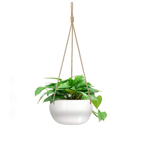 Ceramic Hanging Planters for Indoor Outdoor Plants,8 in Modern Plant Pot Round Porcelain Hanger Basket with Rope Hanging Plant Holder Drainage Flower Pot for Herbs Ferns Ivy Pothos,White