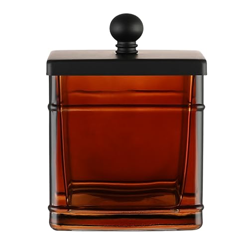 Amber Glass Cotton Jar Holder – Black Lid Elegant Bathroom Storage Canister for Qtips, Cotton Balls, Floss, Makeup Organizer, Vanity & Bathroom Organization - color: AMBER GLASS BLACK LID