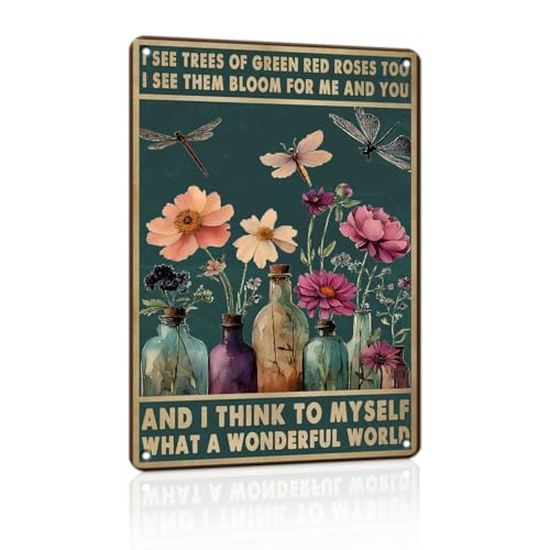 PEACHGARDEN What a Wonderful World Tin Sign, Hippie Wall Decor, 8x12 Inch | Vintage floral tin sign with dragonflies and a positive quote, ideal as hippie gifts for women and colorful boho home decor. - color: Hippie Wall Decor, size: 20X30cm(12*8in)