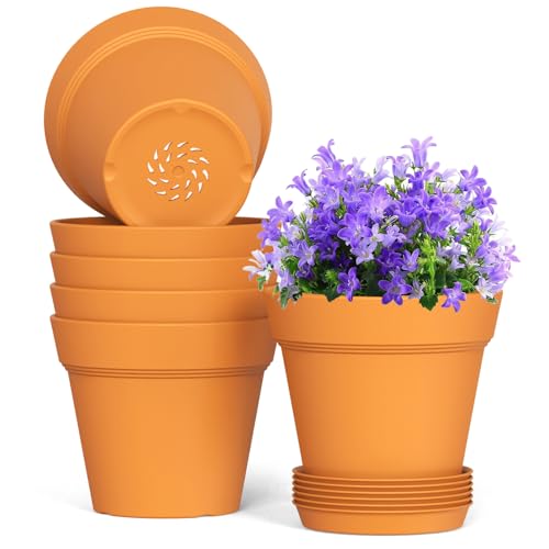 WSMKSZ 7 Inch Thick Plastic Plant Pots with Drainage Holes and Trays – 6 Pack Nursery Pots for Indoor & Outdoor House Plants, Seedling Starter Planters for Garden Flowers, Terracotta - color: Terracotta, size: 7in 6pcs