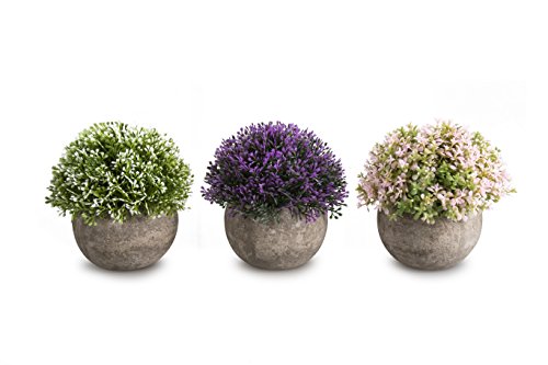 Opps Mini Artificial Plants Plastic Fake Green Colorful Flower Topiary Shrubs with Gray Pot for Home Décor – Set of 3 - color: Multi Color