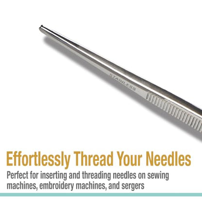 Beaditive 5.5-inch Sewing Machine Tweezers Set (3-pc) Serrated Straight Tips | Professional Grade, High Precision | Stainless Steel