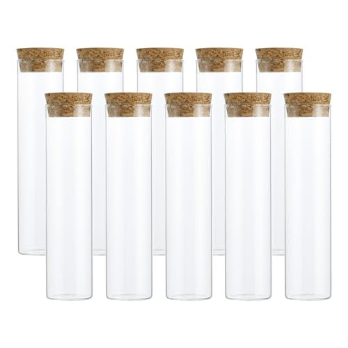 PATIKIL 60ml Test Tubes Glass Clear Flat Bottom Test Tube Containers 10Pcs | 4.72x1.18in with Cork Stopper for Bead Party Candy Bath Salt Storage Scientific Experiment Plant Propagation