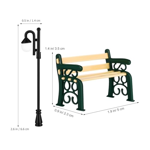 SEWACC Mini Bench and Miniature Street Lamp Set 1.96X1.37X0.90In Mini Furniture for Dollhouse Park Stool and Lamp Post Decor for Dollhouse Accessories and Garden Scene Layout