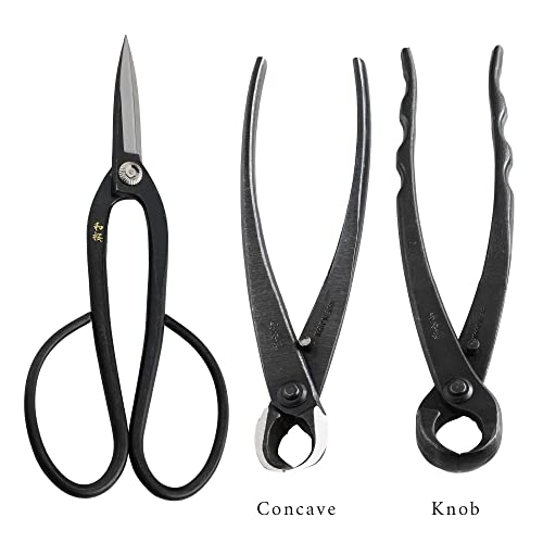 Wazakura Made in Japan 5PCS Bonsai Tool Kit with Roll Bag: Yasugi Steel Ashinaga Bonsai Scissors, Concave Branch Cutter, Knob Cutter, Wire Cutter, Tweezers - 5 Tools Ashinaga Set with Case - style: 5PCS Professional Tool Set (Yasugi Steel Ashinaga Scissor