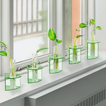 NIUBEE Plant Propagation Station Indoor: Petals Shaped Plant Terrarium with 5 Glass Test Tubes, Acrylic Tabletop Propagation Vases for Hydroponic Plants, Office Kitchen Decor for Plant Lovers (Green)