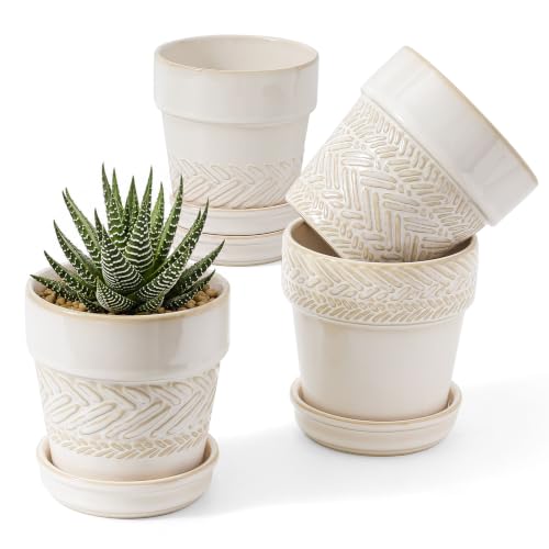 Fayoula Succulent pots,Indoor Small Succulent Bonsai,4 Inch Mini Ceramic Succulent Pots with Saucer and Drainage Hole, Decorative Planter for Succulent, Cactus, Set of 4. - color: 4inch-beige, size: Large