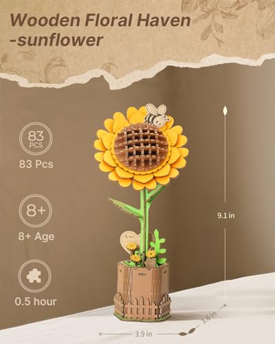 Kaayee 3D Wooden Flower Puzzles Sunflower, Wood Flowers Craft for Adults | Forever Flower Kit Set DIY Crafts to Build, Mother's Day/Botanical Collection/Ideal Creative Gift Ideas/Housewarming 83 PCS - color: Sunflower