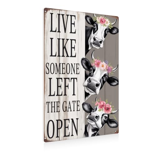 BEASTZHENG Cow Wall Art Decor Sign Live Like Someone Left The Gate Open Metal Tin Sign for Home Farm Fence Bathroom Bedroom Wall Decor 8x12 Inches - color: Left