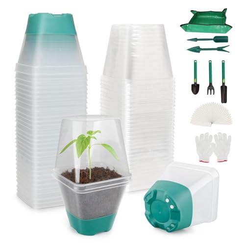 Sankoly 30 Packs Clear Nursery Pots with Plant Repotting Mat, Gloves, Labels,Humidity Domes,Seedling Tools, 3 Inch Seedling Pots Plastic Plant Pot with Silicone Base and Drainage Holes