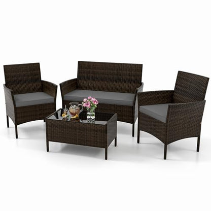 KOTEK 4 Piece Patio Furniture Set, Outdoor Rattan Conversation Set with Loveseat, Wicker Chairs, Tempered Glass Coffee Table, Wicker Patio Set for Backyard, Porch (Grey) - color: Grey