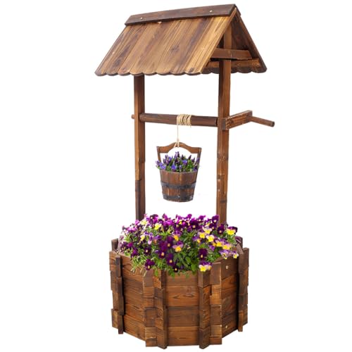 Wooden Wishing Well Outside, Large Wishing Well Planter with Hanging Bucket, Rustic Flower Planter Patio Garden Lawn Home Decor, 45.4'' x 20'' x 20''