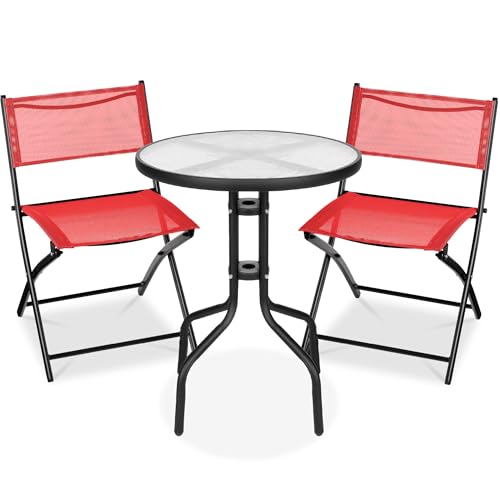 Best Choice Products 3-Piece Patio Bistro Dining Furniture Set w/Textured Glass Tabletop, 2 Steel Folding Chairs, Polyester Fabric - Red - color: Red
