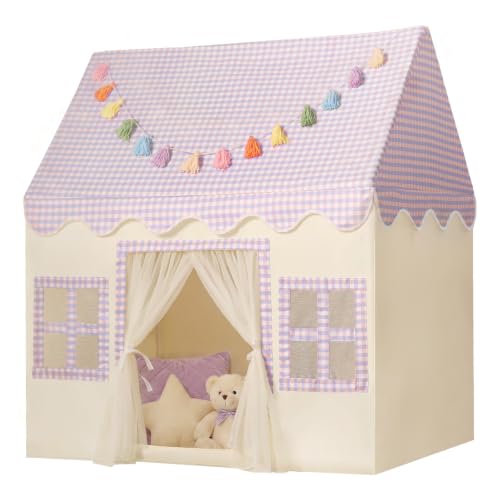 Kids Play Tent Indoor: with Mat, Tassel Garland - Large Pueple Kids Tent Indoor Playhouse for Kids Toys for Boy Girl Birthday Gift - color: Purple Checkered, size: Large