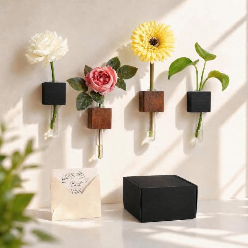 4-Piece Magnetic Wooden Vases - Magnetic Wood Blocks with Test Tubes for Refrigerator & Locker Decor | All-in-One Floral Gift Set with Greeting Card for Mom & Teachers (Walnut&Black) - color: Walnut&black