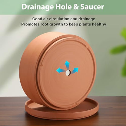 JUXYES 10 Inch Shallow Terracotta Pots with Holes and Saucers for Succulent | Built-in Drainage Hole, Wide Shallow Planter Clay Flower Pots for Indoor & Outdoor, Planter for Succulent, Cacti, Bonsai - size: 10 Inches