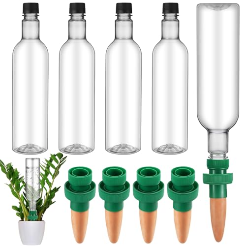 SiliFine 4 Set Plant Watering Devices Include Self Watering Spikes and 26 oz Plastic Bottles Plant Waterer Devices with Adjustable Control Valve Switch Indoor Outdoor (Clear) - color: Clear