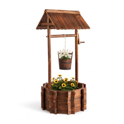 VINGLI Wooden Wishing Well Outdoor Planters, Well Covers for Yard with 4 Reinforced Rods, Height Adjustable Hanging Bucket, Rustic Flower Pot Decor for Outside Patio Garden(Carbonized, 25" Width) - color: Carbonized, size: 25" width