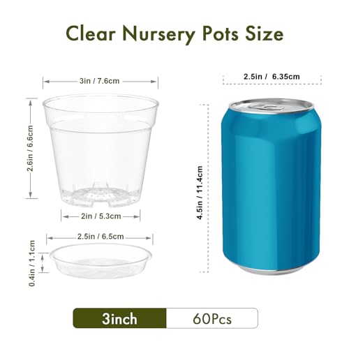 WSMKSZ 3 Inch Clear Nursery Pots, 60 Pack Highly Transparent Plastic Seedling Starter Planters with Drainage Holes and Trays for Flowers, Small Plant Pots for Indoor Plants - size: 3inch 60pcs
